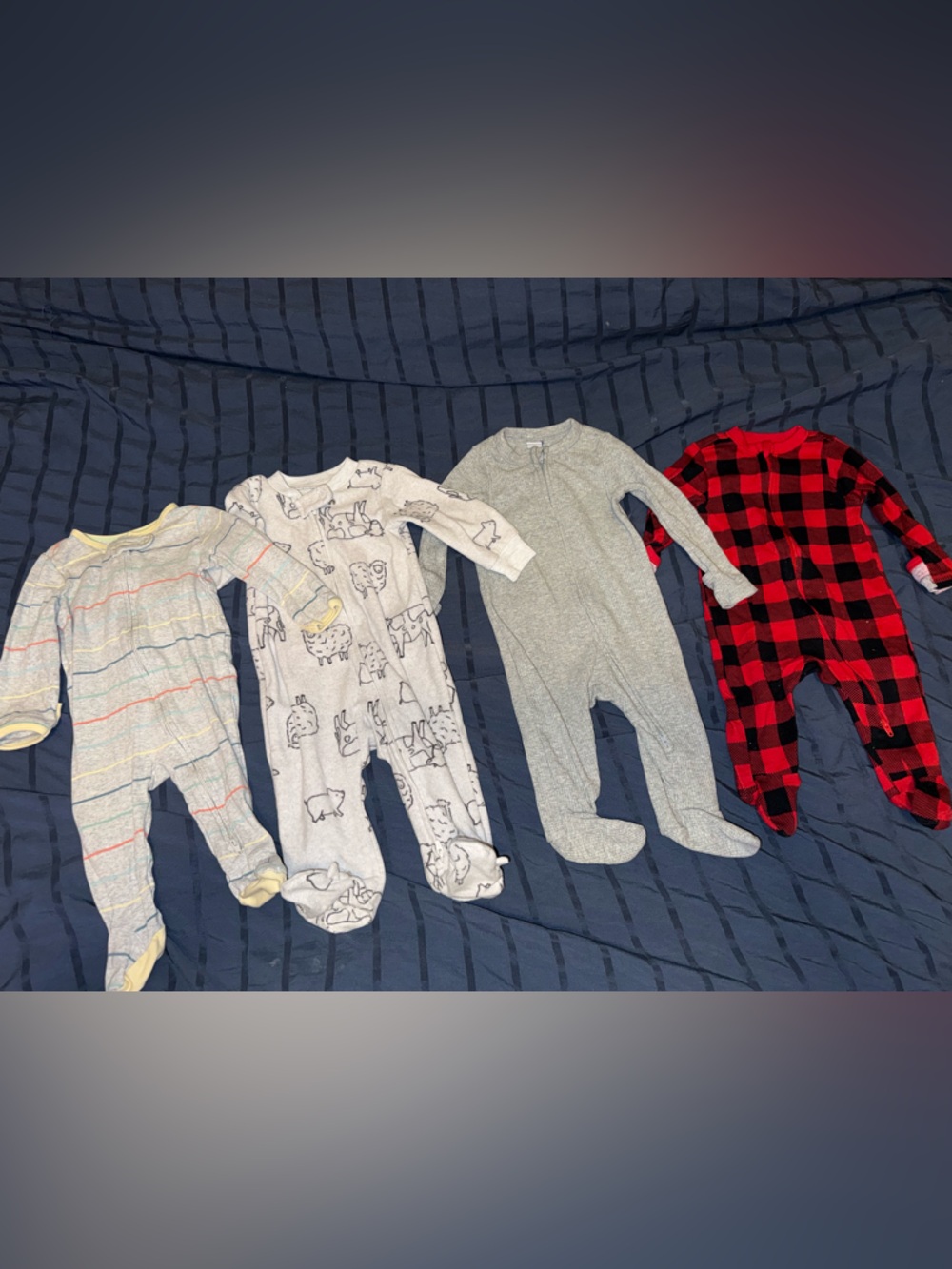 Old Navy Kids Footed One-Piece Pack - Gray, Cream, Light Gray, Red Buffalo Plaid